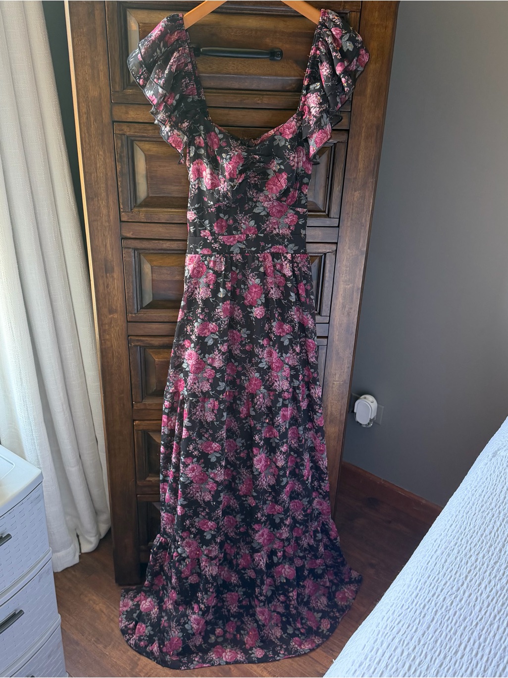 Francesca's Collections Black Maxi Dress With Pink Floral Ruffles